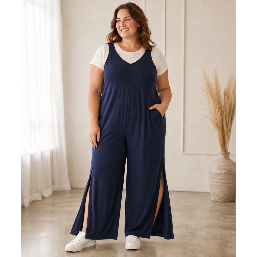 Cuddl Duds Flexwear V-Neck Wide Leg Jumpsuit 1X Navy